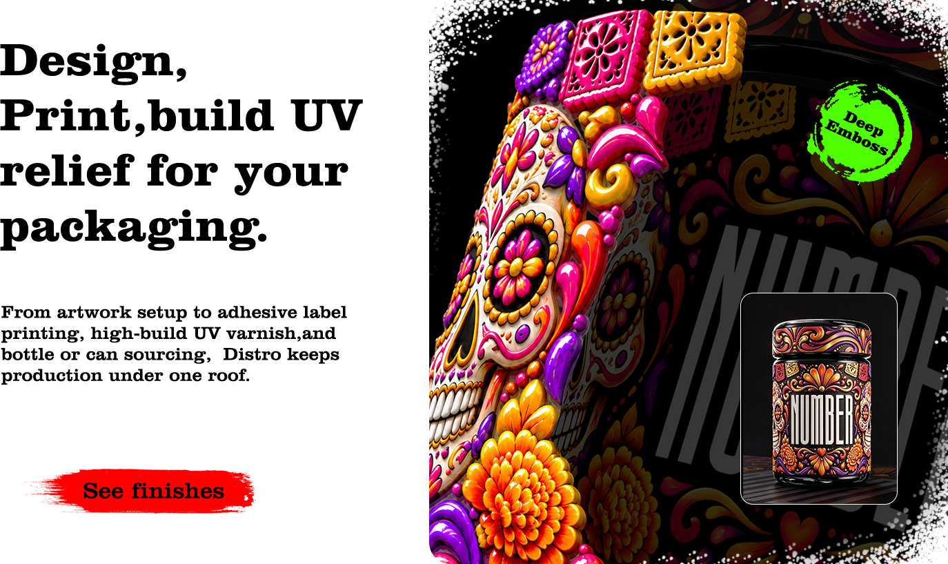 Distro design, print, and deep emboss production presentation