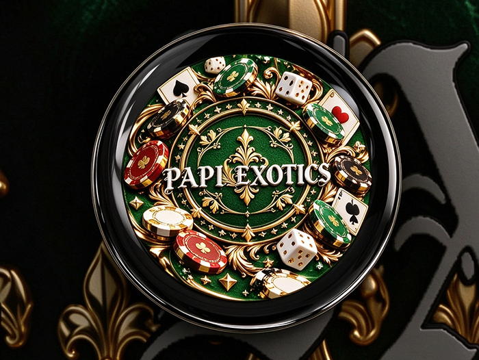Papi Exotics embossed poker-chip label detail